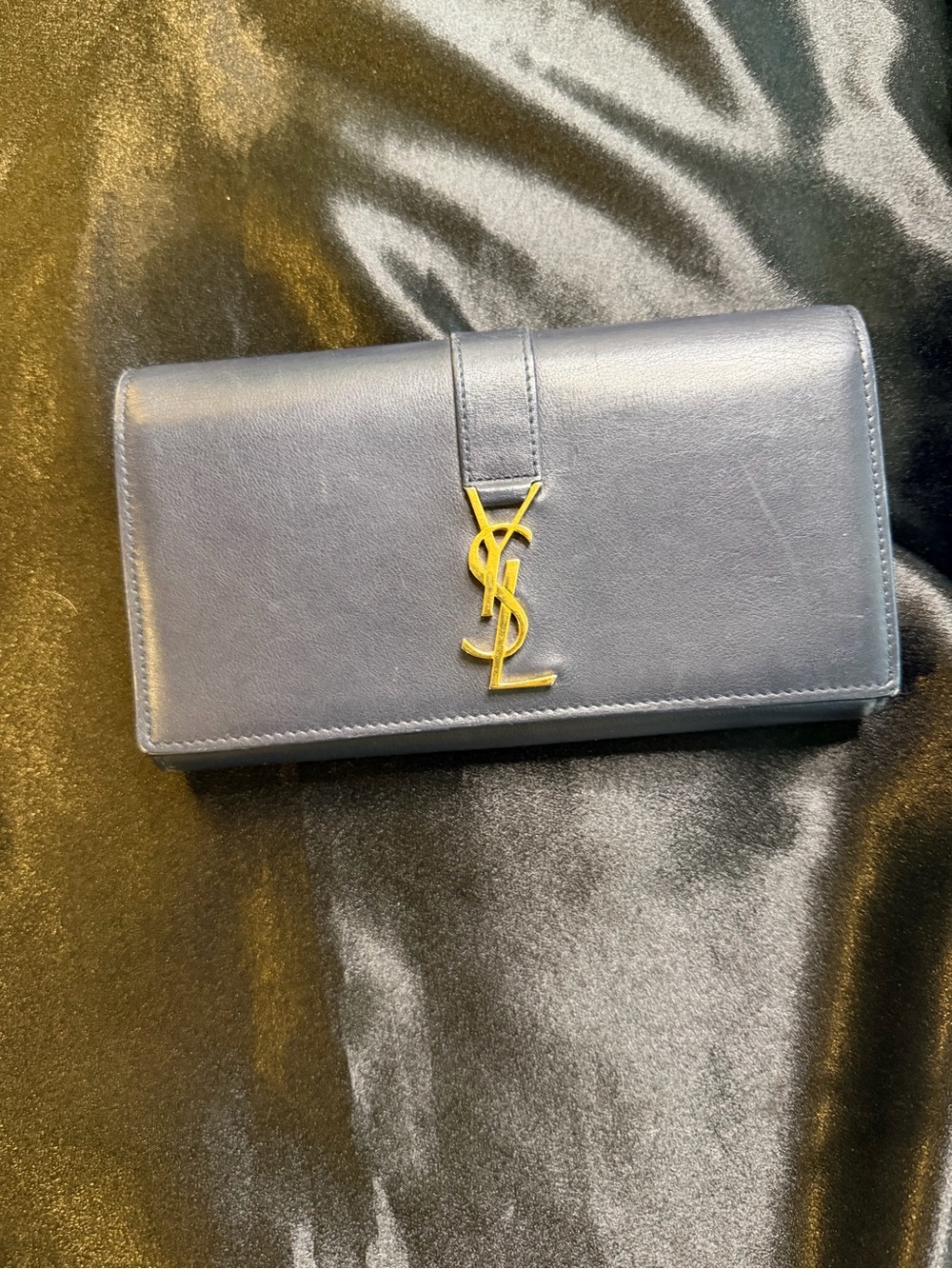 Navy Leather wallet with Gold YSL Emblem Can be reconfigured to a woc